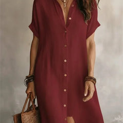 Josie V-Neck Button-Front Shirt Dress in Burgundy