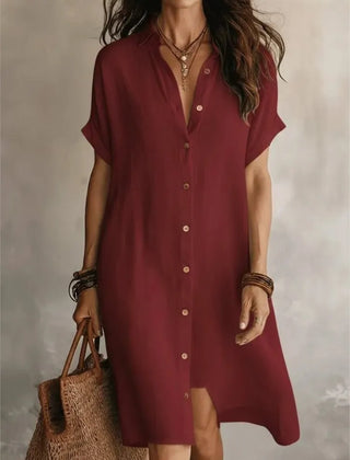 Josie V-Neck Button-Front Shirt Dress in Burgundy