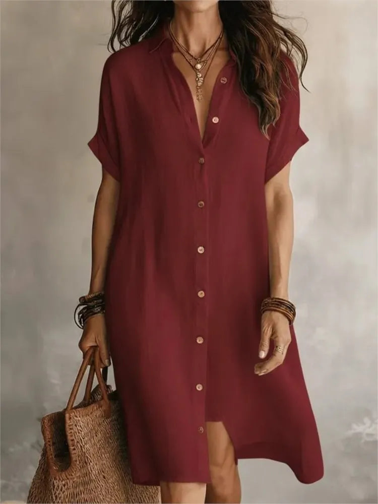 Josie V-Neck Button-Front Shirt Dress in Burgundy