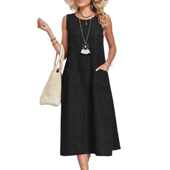 Marigold Sleeveless Pocket Midi Dress in Black