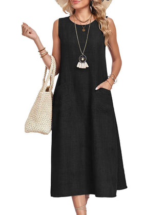 Marigold Sleeveless Pocket Midi Dress in Black