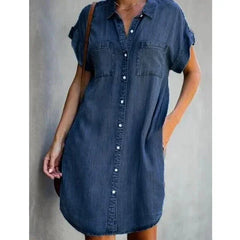Billie Denim-Look Button-Front Shirt Dress in Dark Blue