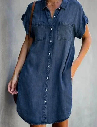 Billie Denim-Look Button-Front Shirt Dress in Dark Blue
