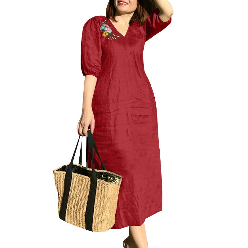 Lorna Embroidered V-Neck Midi Dress in Red