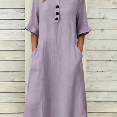 Annika Button-Neck Midi Dress with Pockets in Lilac