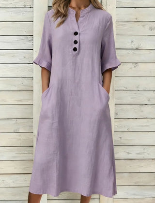 Annika Button-Neck Midi Dress with Pockets in Lilac