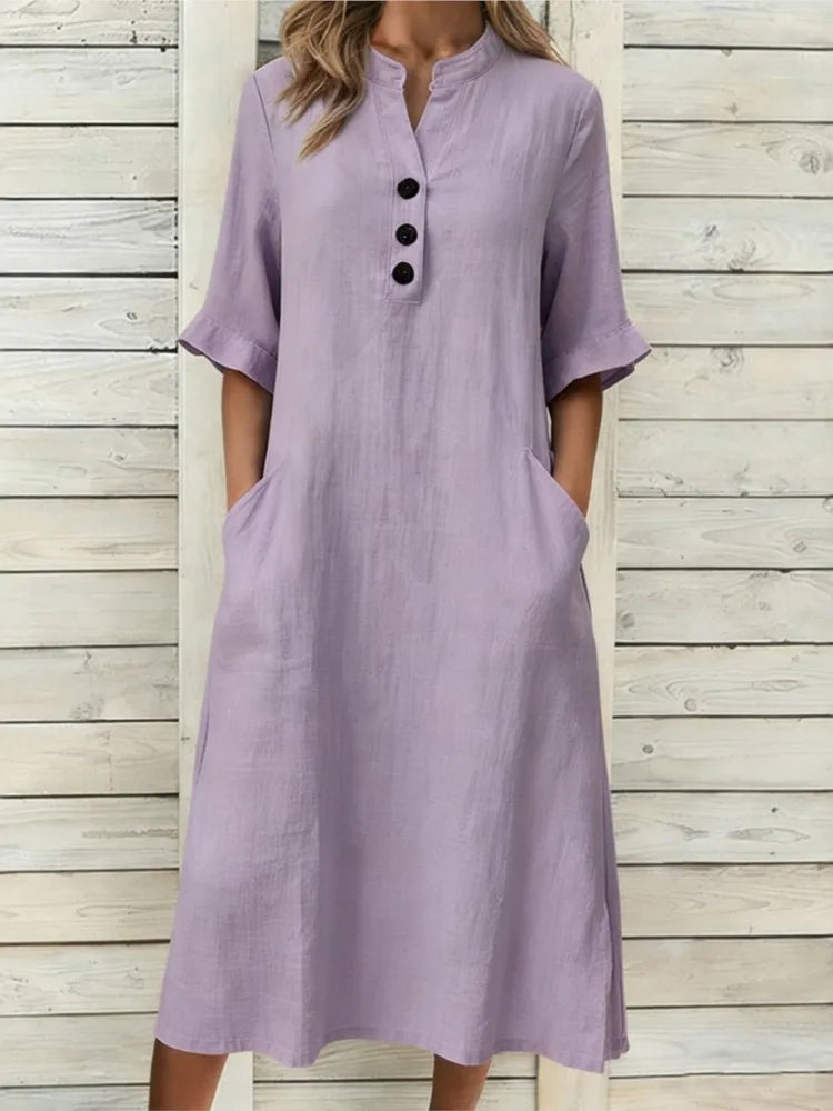 Annika Button-Neck Midi Dress with Pockets in Lilac