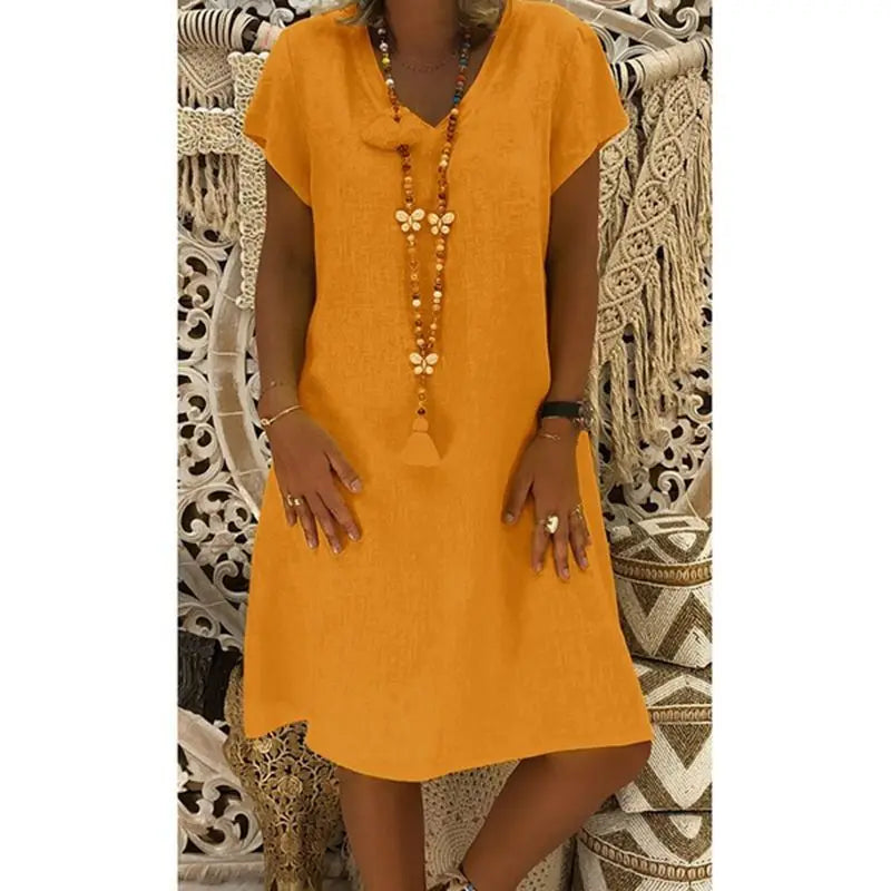 Thea V-Neck Short-Sleeve Shift Dress in Orange