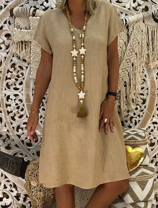 Thea V-Neck Short-Sleeve Shift Dress in Khaki