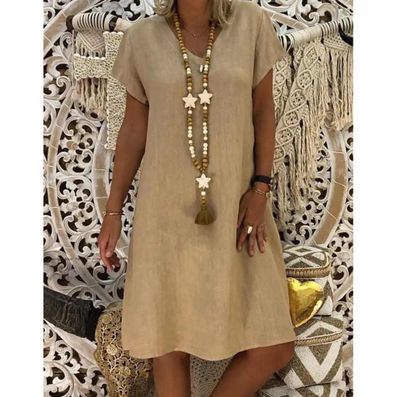 Thea V-Neck Short-Sleeve Shift Dress in Khaki