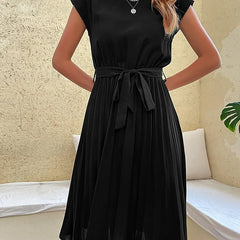 Leonie Pleated Tie-Belt Midi Dress in Black