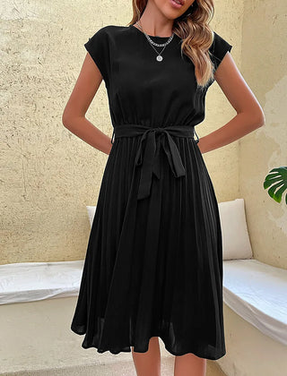 Leonie Pleated Tie-Belt Midi Dress in Black