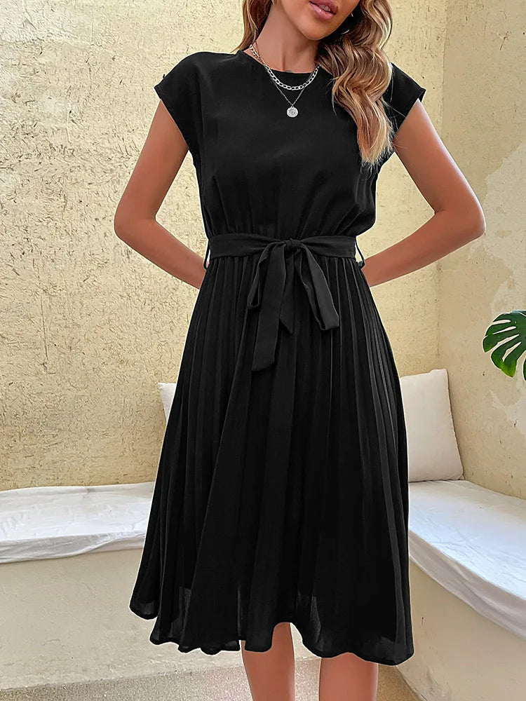 Leonie Pleated Tie-Belt Midi Dress in Black