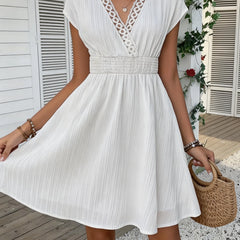 Odetta V-Neck Lace Trim Dress in White