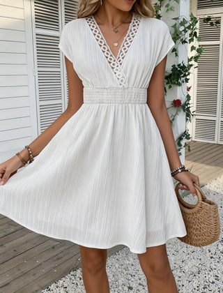 Odetta V-Neck Lace Trim Dress in White