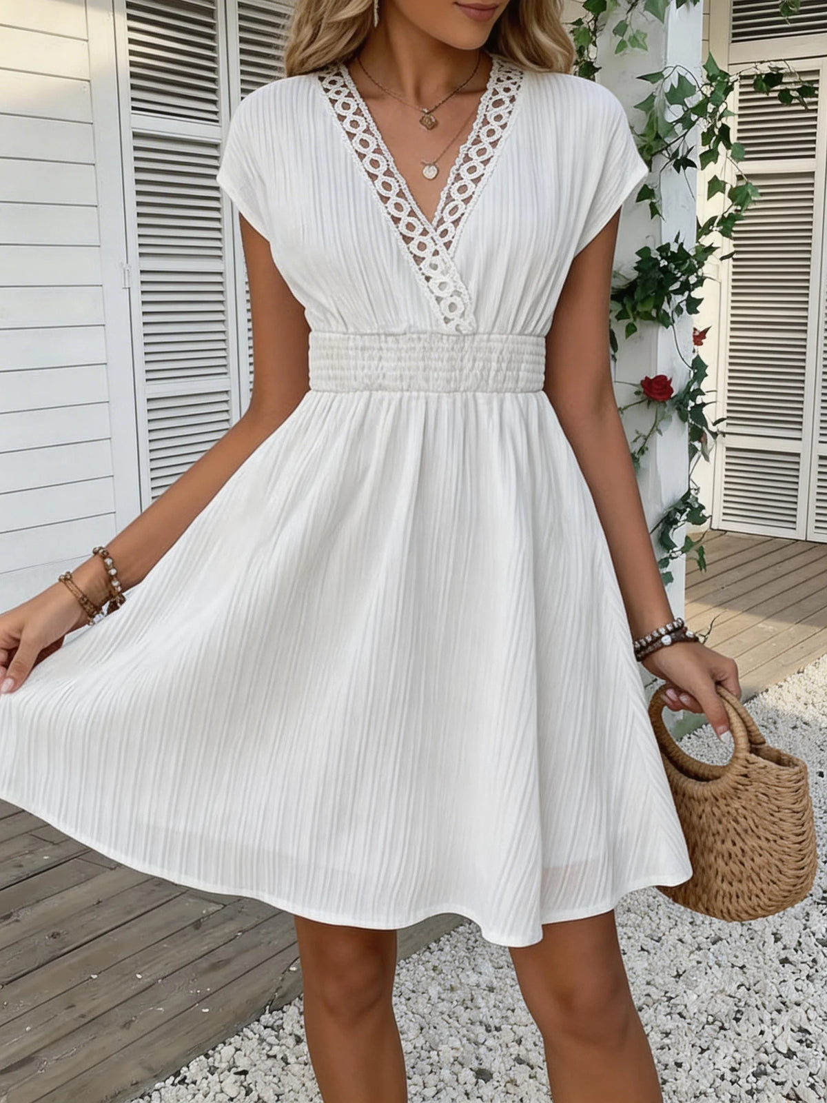 Odetta V-Neck Lace Trim Dress in White