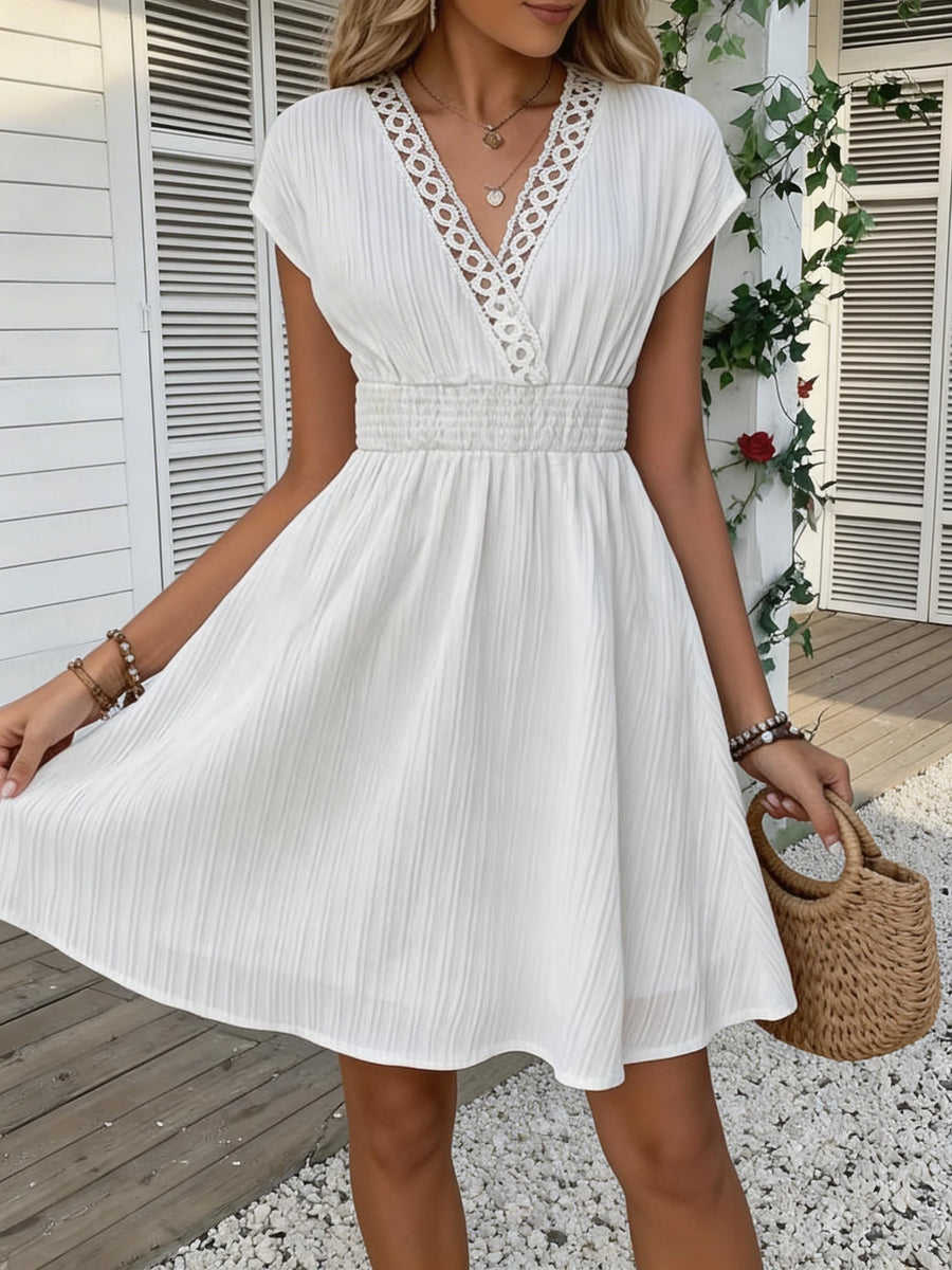 Odetta V-Neck Lace Trim Dress in White