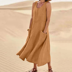 Tilly Sleeveless Pocket Maxi Dress in Tan