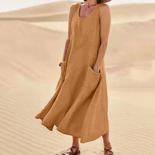 Tilly Sleeveless Pocket Maxi Dress in Tan