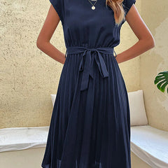 Leonie Pleated Tie-Belt Midi Dress in Navy
