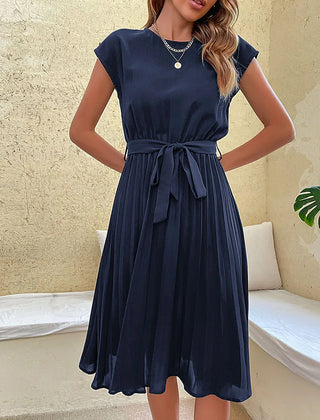Leonie Pleated Tie-Belt Midi Dress in Navy