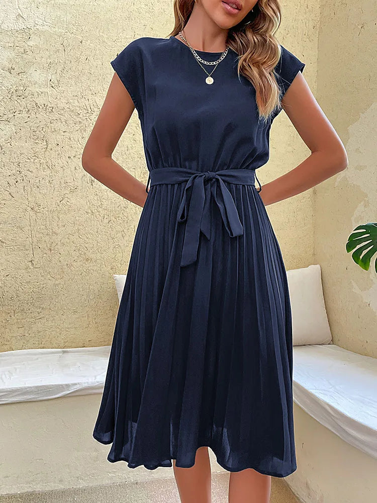 Leonie Pleated Tie-Belt Midi Dress in Navy