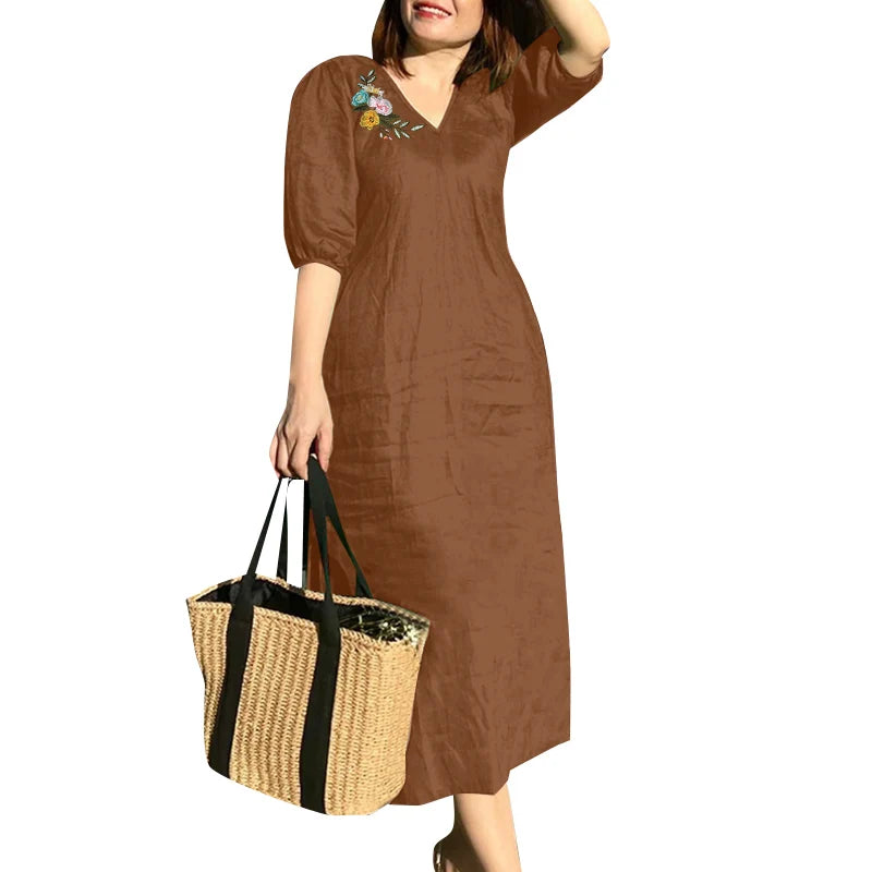 Lorna Embroidered V-Neck Midi Dress in Brown