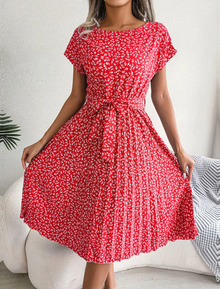 Rosalinde Pleated Floral Midi Dress in Red