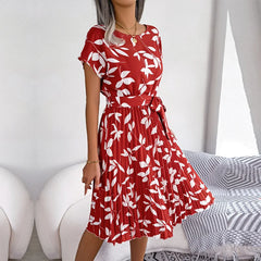 Rosalinde Pleated Floral Midi Dress in Red Leaf Print