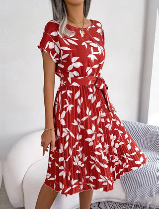 Rosalinde Pleated Floral Midi Dress in Red Leaf Print