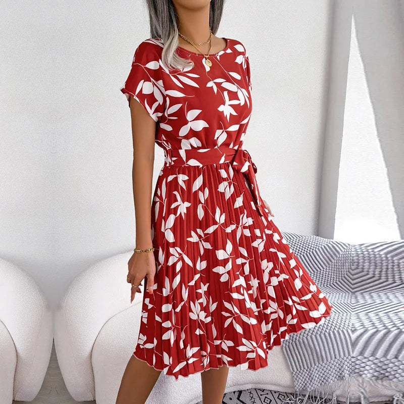 Rosalinde Pleated Floral Midi Dress in Red Leaf Print