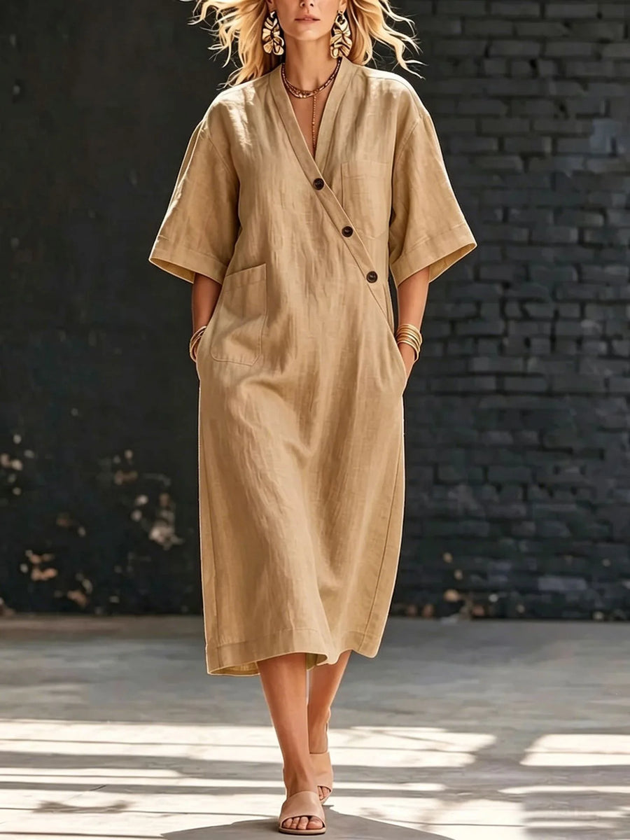 Marlowe V-Neck Side-Button Midi Dress in Khaki
