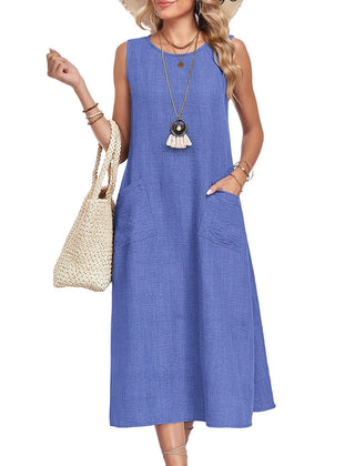 Marigold Sleeveless Pocket Midi Dress in Blue