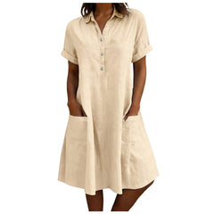 Harriet Collared Pocket Shirt Dress in Beige