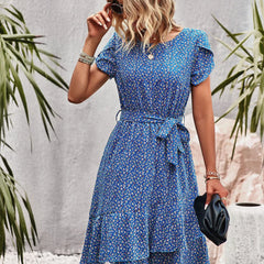 Clementine Belted Floral Print Dress in Blue