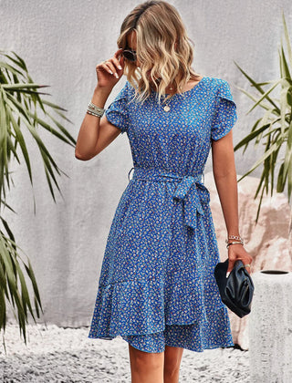 Clementine Belted Floral Print Dress in Blue