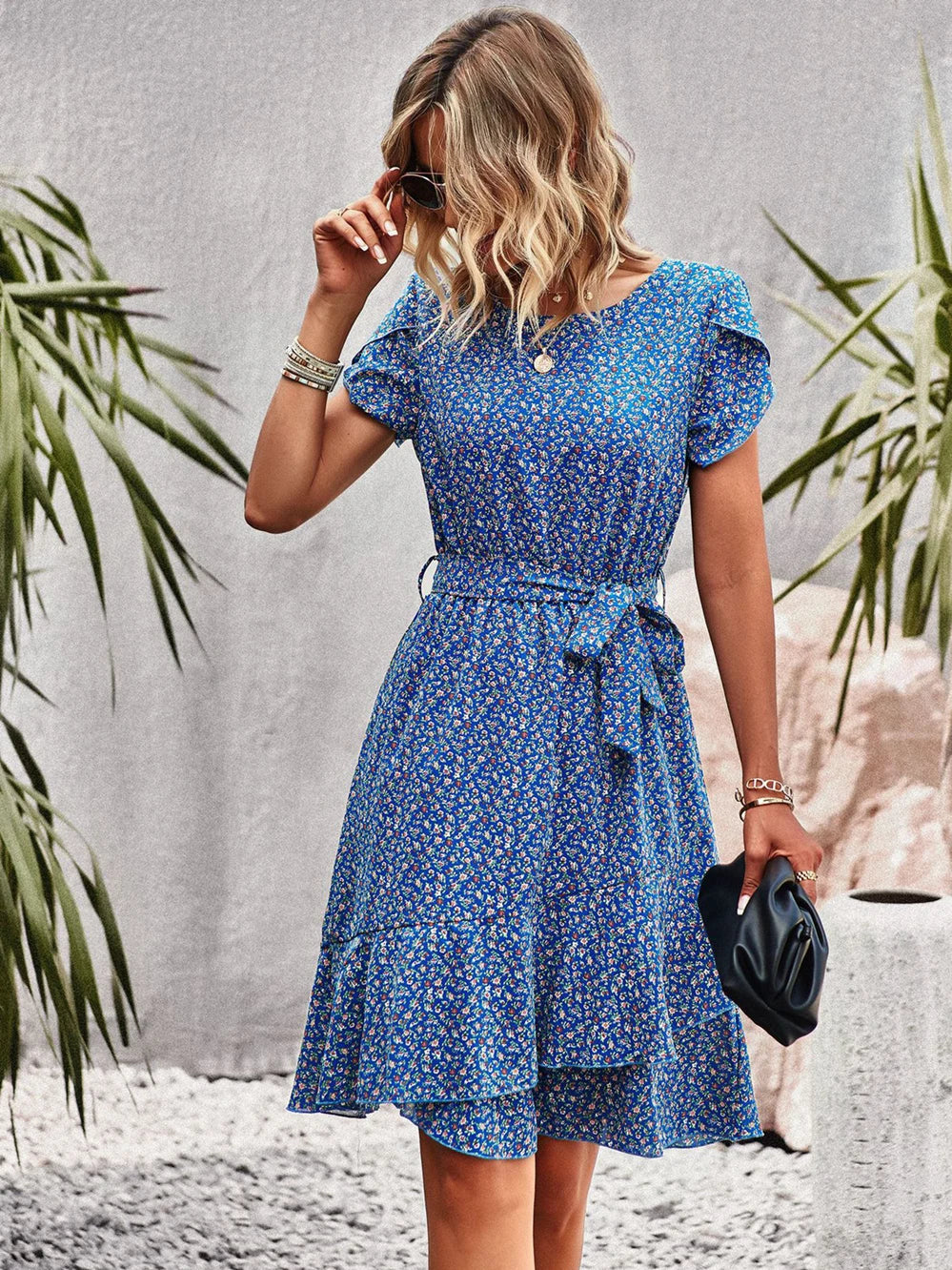 Clementine Belted Floral Print Dress in Blue