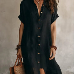 Josie V-Neck Button-Front Shirt Dress in Black