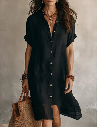 Josie V-Neck Button-Front Shirt Dress in Black