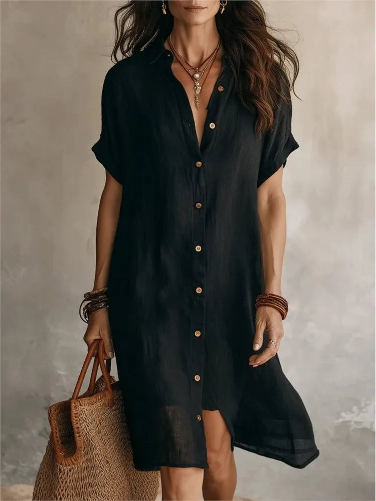 Josie V-Neck Button-Front Shirt Dress in Black