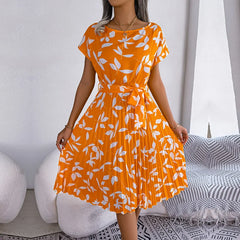 Rosalinde Pleated Floral Midi Dress in Orange