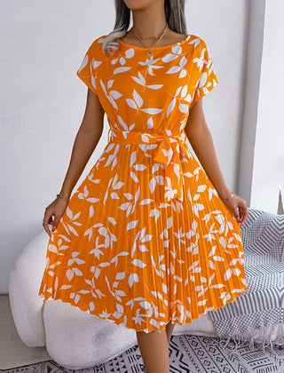 Rosalinde Pleated Floral Midi Dress in Orange