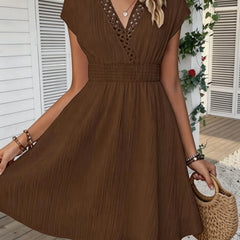 Odetta V-Neck Lace Trim Dress in Chocolate