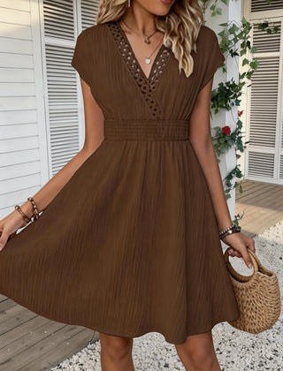 Odetta V-Neck Lace Trim Dress in Chocolate