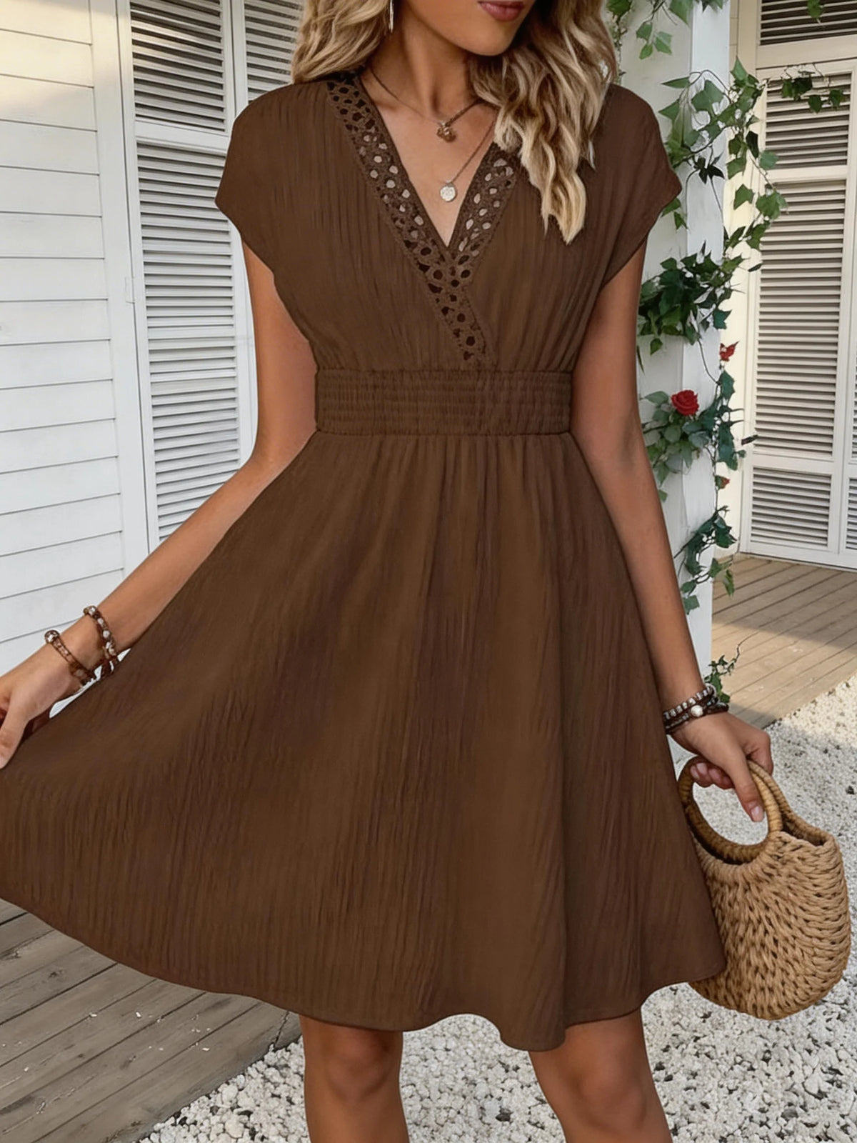 Odetta V-Neck Lace Trim Dress in Chocolate