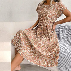 Rosalinde Pleated Floral Midi Dress in Camel