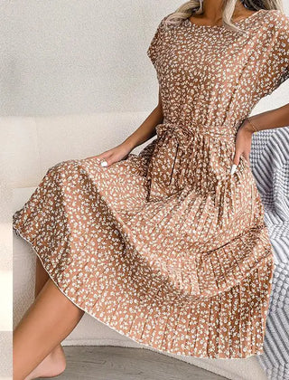 Rosalinde Pleated Floral Midi Dress in Camel