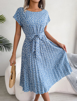 Rosalinde Pleated Floral Midi Dress in Light Blue