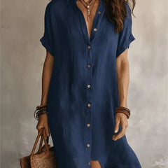Josie V-Neck Button-Front Shirt Dress in Navy