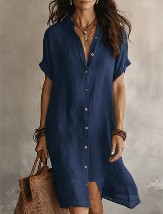 Josie V-Neck Button-Front Shirt Dress in Navy